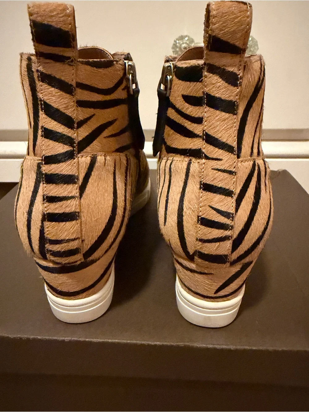 Paolo Tiger-Striped Wedge Sneaker Booties - Calf Hair Fur-Tan & Black  6.5